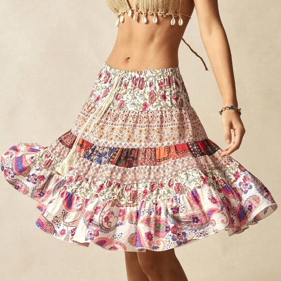 Multicolor Boho Women's Woven Floral Ruffled Skirt With Waist Tie - Picture 7 of 7